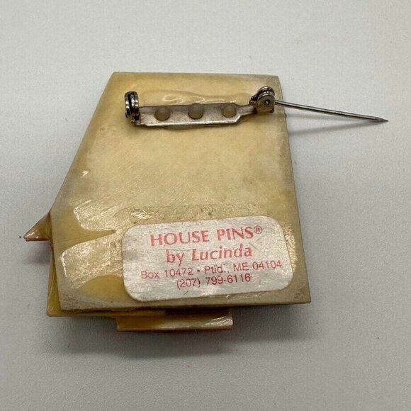 House Pins by Lucinda Mixed Media Resin 2" Pin Brown Red Blue Houses Green Moon - Picture 5 of 7